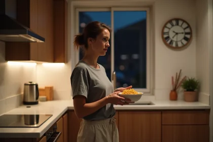 Femme hésitant à manger des pâtes le soir dans une cuisine moderne, illustrant les aliments à éviter le soir pour maigrir