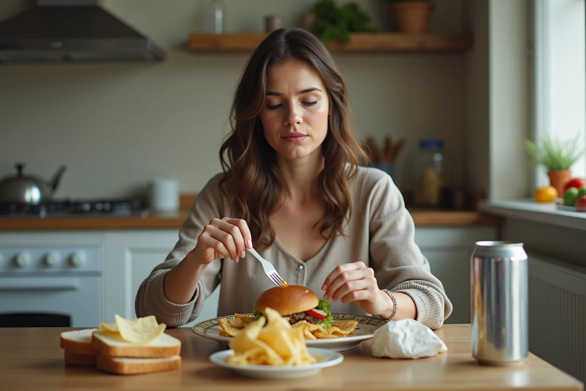 Femme mangeant des aliments ultra-transformés pauvres en nutriments variés à une table de cuisine