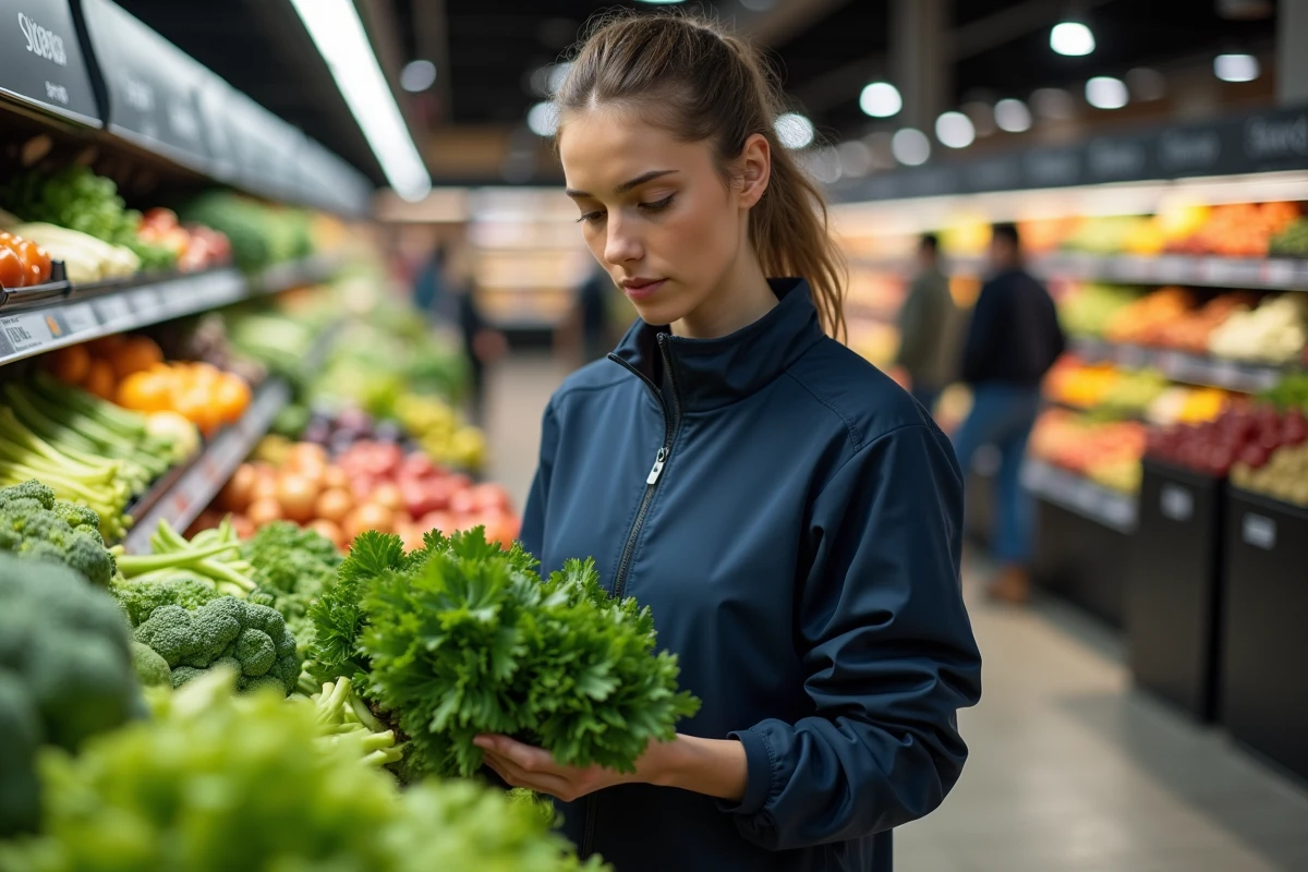 Jeune femme choisissant des légumes frais au supermarché pour renforcer son système immunitaire
