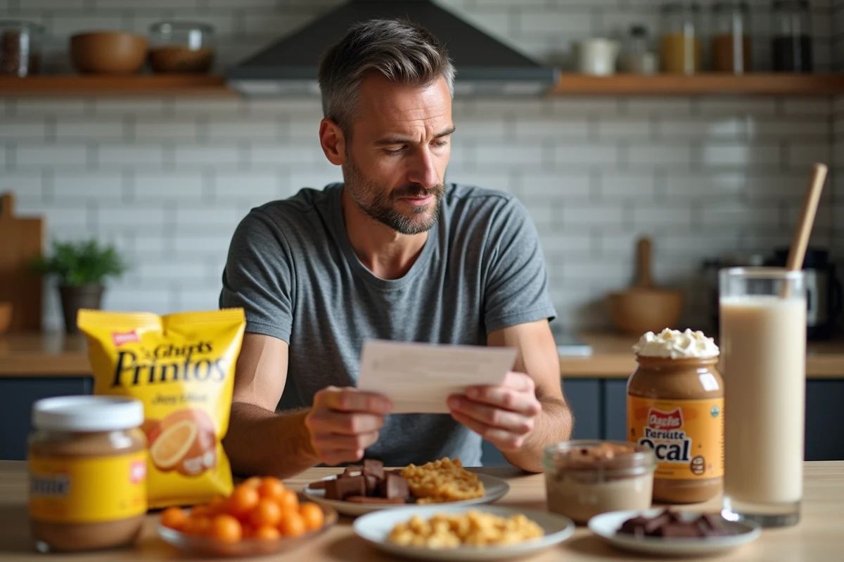 Homme lisant une étiquette nutritionnelle entouré d'aliments caloriques sur un comptoir de cuisine