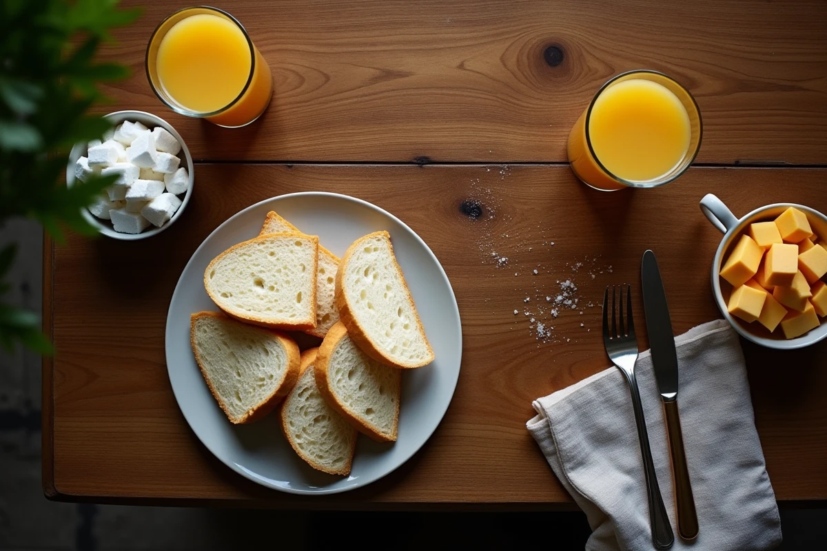 Vue aérienne d'aliments à éviter le soir pour maigrir, incluant pain blanc, sucre et jus de fruits sur une table en bois