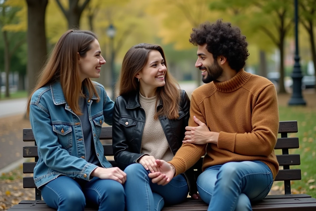 Groupe d'amis partageant un moment de soutien émotionnel dans un parc, représentant l'entraide pour la santé mentale