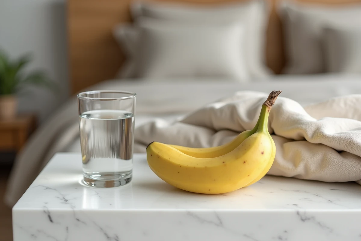 Banane et verre d'eau sur une table de chevet, alimentation douce contre les nausées