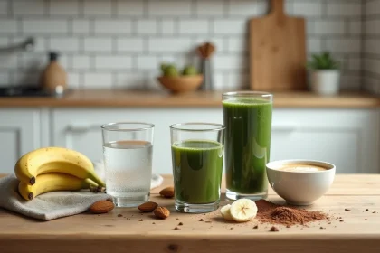 Assortiment de boissons riches en magnésium disposées sur une table en bois rustique avec des ingrédients naturels