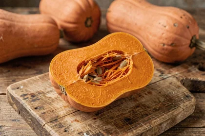 Butternut coupée en deux sur une planche en bois rustique, révélant la chair orange vive et les graines, idéale pour illustrer la densité calorique de ce légume