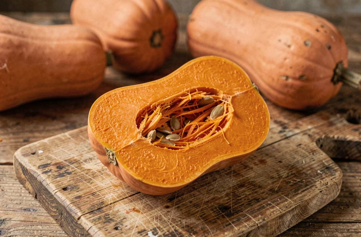 Butternut coupée en deux sur une planche en bois rustique, révélant la chair orange vive et les graines, idéale pour illustrer la densité calorique de ce légume