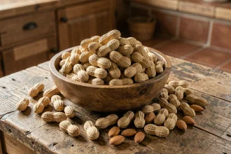 Bol en bois rustique rempli de cacahuètes non décortiquées et d'amandes sur une table en chêne, comparaison visuelle de deux oléagineux pour la santé