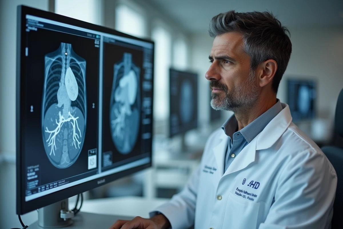 Cardiologue analysant une imagerie coronarienne avec stent sur écran médical dans un centre de cardiologie
