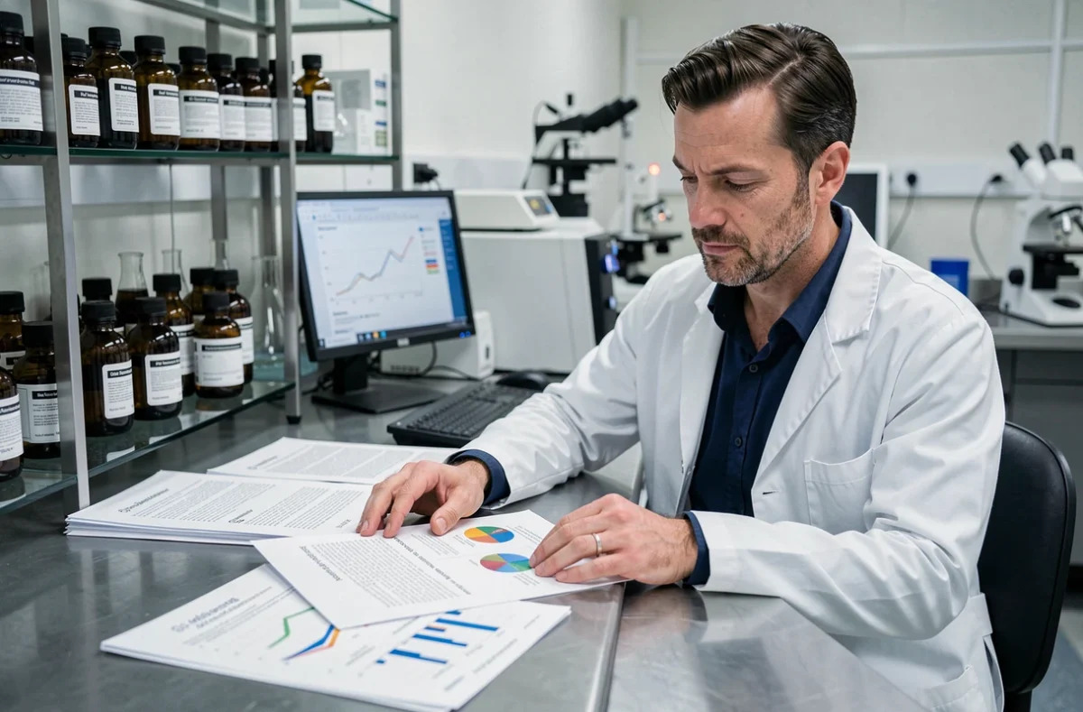 Chercheur scientifique examinant des études sur les compléments alimentaires amaigrissants en laboratoire
