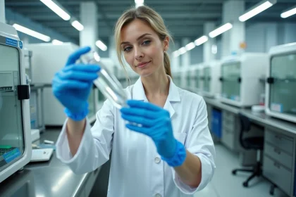 Chercheuse en blouse blanche examinant un vaccin contre le cancer en laboratoire biomédical
