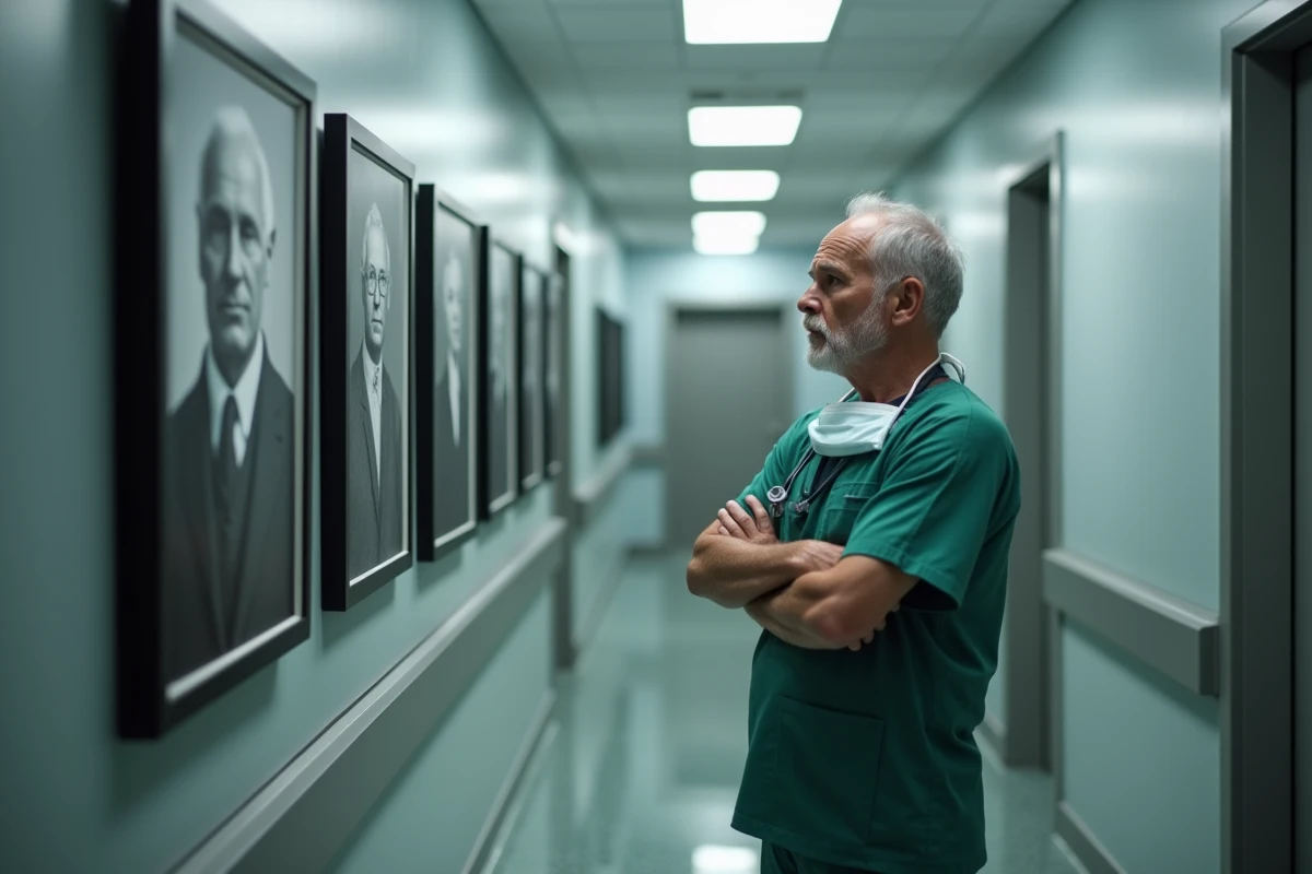 Chirurgien moderne contemplant des portraits de médecins historiques célèbres dans un couloir d'hôpital