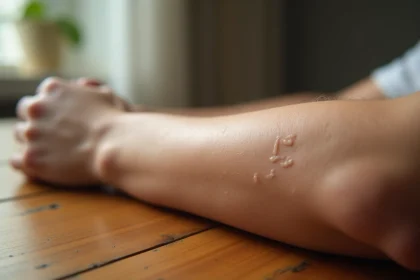 Gros plan hyper-réaliste d'une ancienne cicatrice sur l'avant-bras d'une femme, montrant une marque pâle légèrement surélevée sur une peau texturée