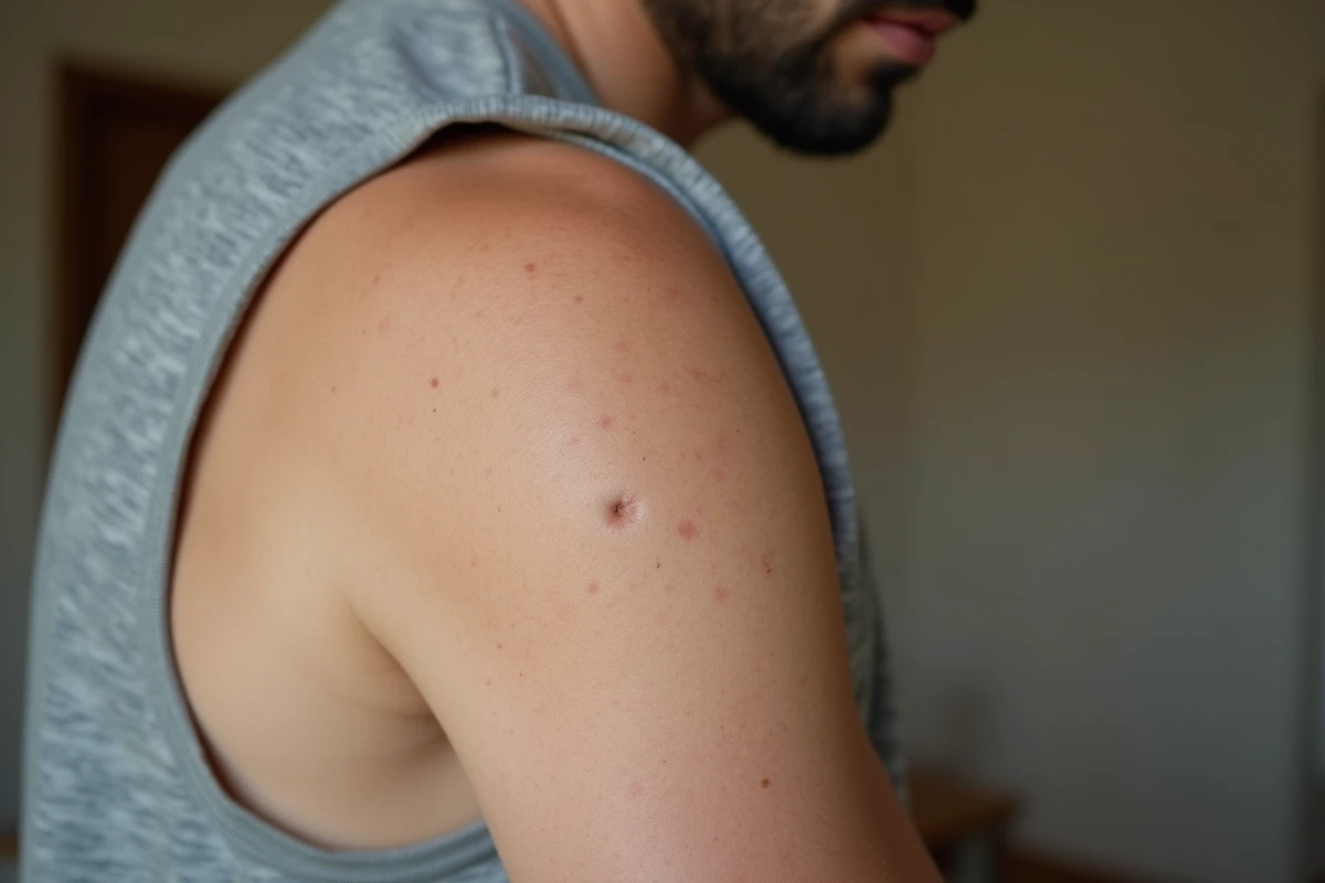 Gros plan d'une cicatrice ronde caractéristique laissée par un vaccin BCG sur le bras d'un homme adulte