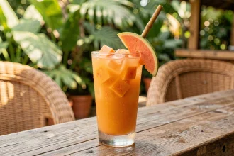 Cocktail sans alcool à la papaye servi dans un grand verre avec paille en bambou sur un comptoir en bois tropical