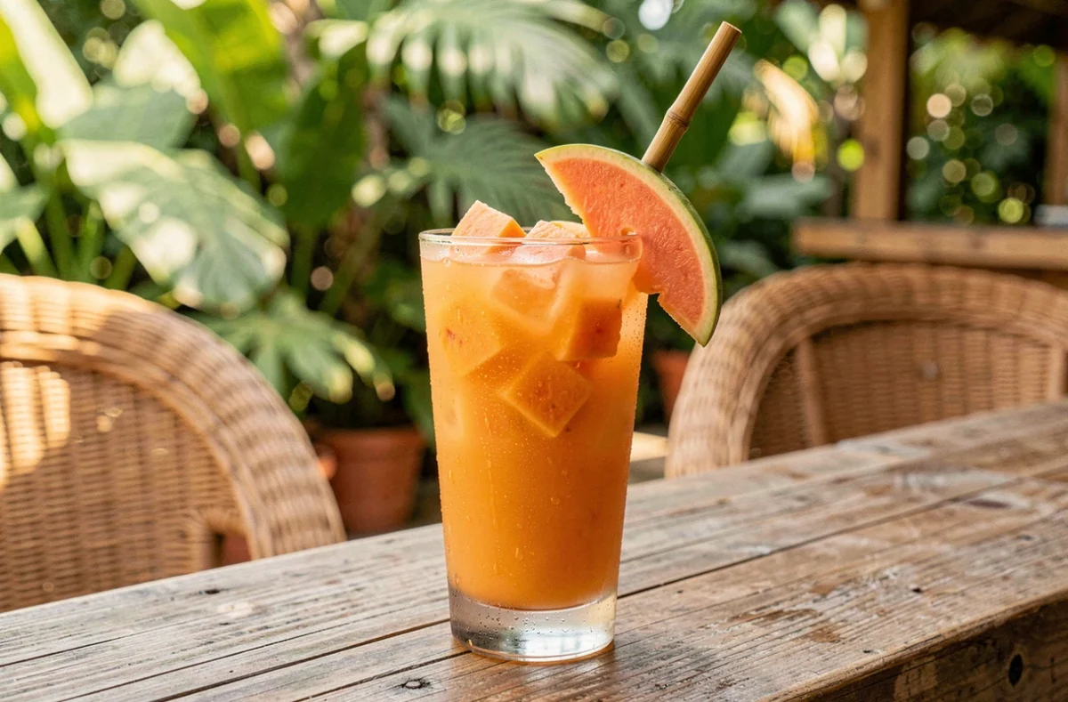 Cocktail sans alcool à la papaye servi dans un grand verre avec paille en bambou sur un comptoir en bois tropical
