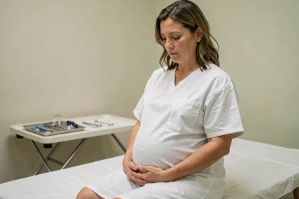 Femme enceinte en robe de chambre médicale assise sur une table d'examen en salle de maternité, main posée sur le ventre, expression sereine