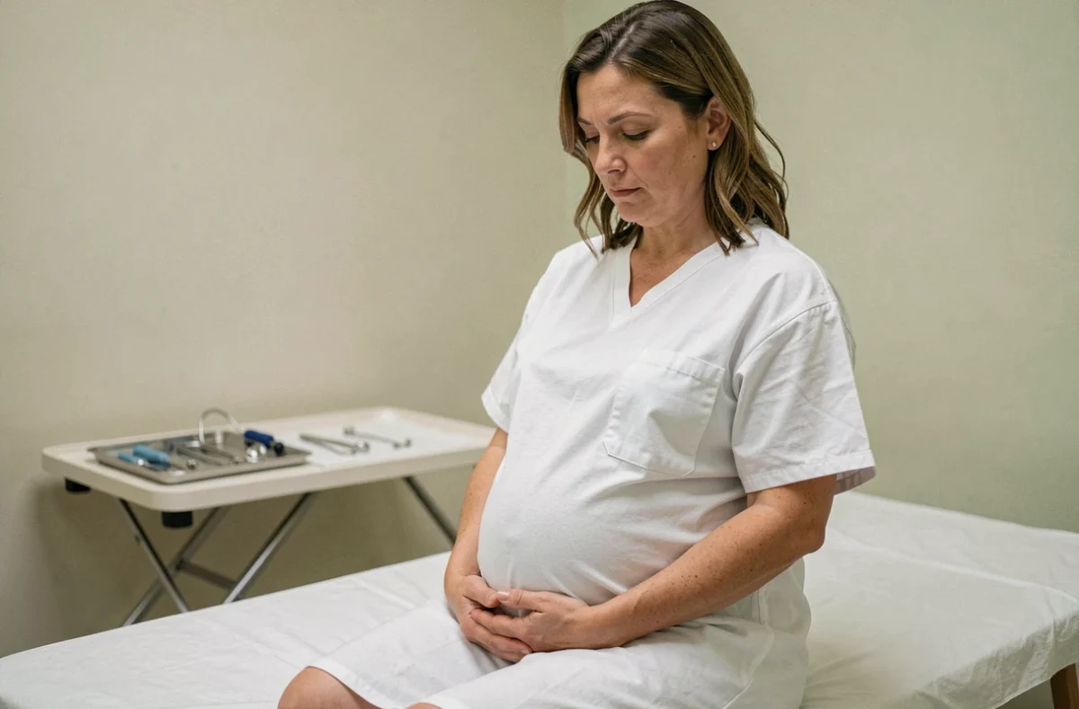 Femme enceinte en robe de chambre médicale assise sur une table d'examen en salle de maternité, main posée sur le ventre, expression sereine