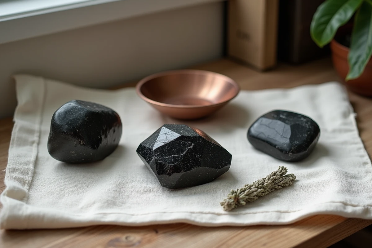 Collection de pierres noires tourmaline shungite et jais disposées sur un tissu de lin blanc pour la lithothérapie