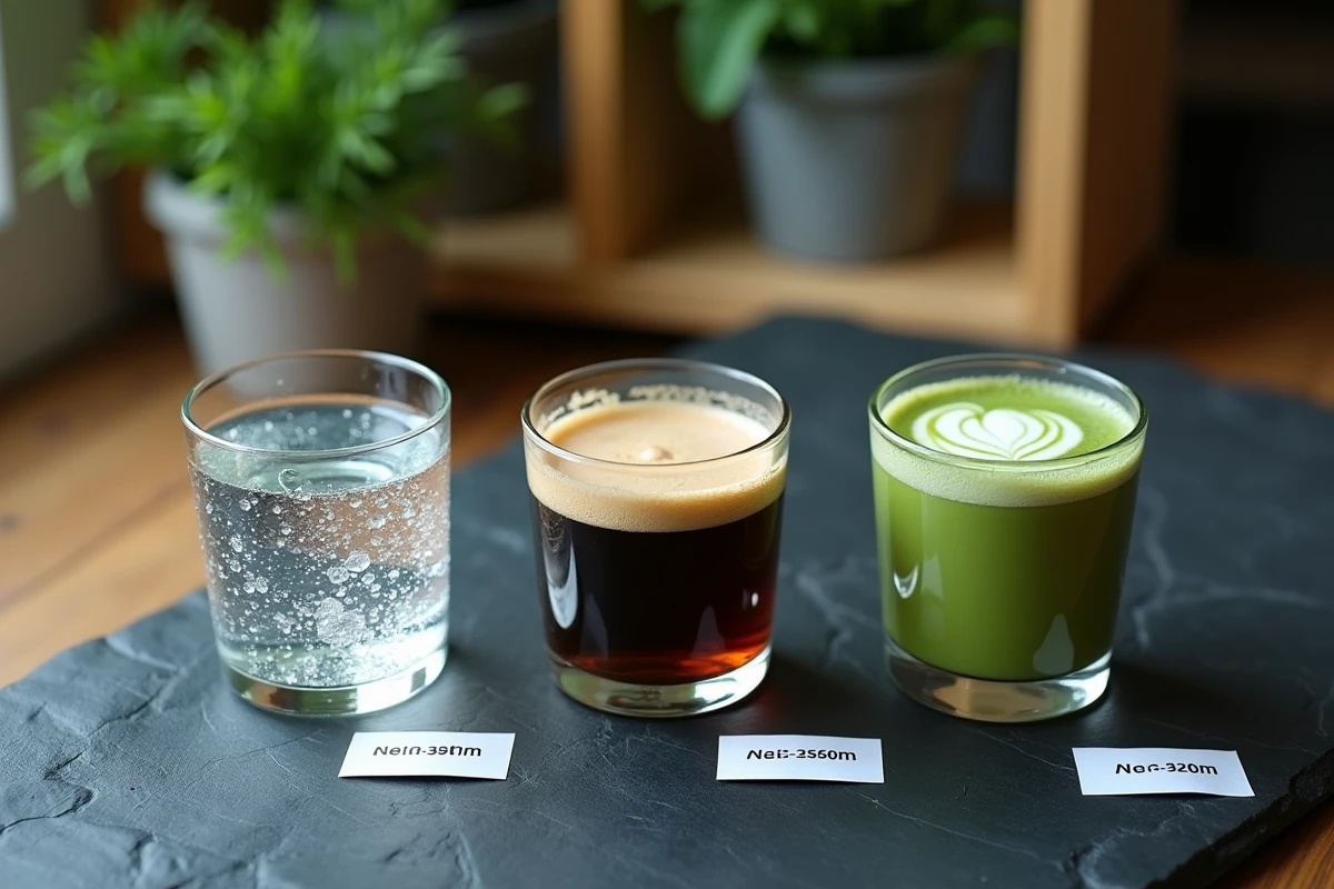 Comparaison de trois boissons contenant du magnésium sur une ardoise avec étiquettes de teneur en minéraux