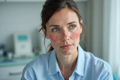 Femme de 40 ans présentant des rougeurs et des squames sur le visage pouvant être confondues avec une dermatite séborrhéique, en consultation dermatologique