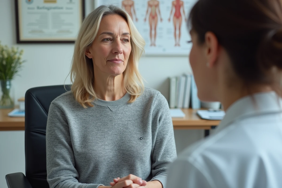 Patiente montrant des squames autour des plis du nez à une dermatologue, consultation pour diagnostic différentiel de la dermatite séborrhéique