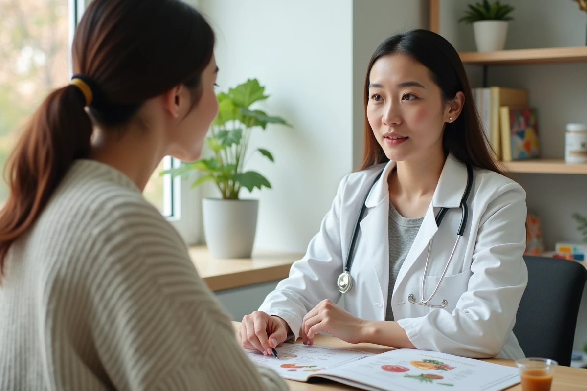 Nutritionniste conseillant une femme enceinte sur les épices à éviter pendant la grossesse lors d'une consultation