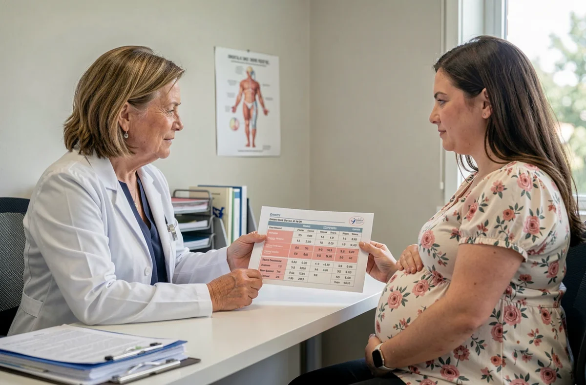 Gynécologue expliquant le calcul de la date d'accouchement à une femme enceinte en consultation