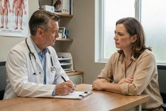 Médecin consultant une patiente qui décrit des fourmillements dans le bras lors d'une consultation médicale