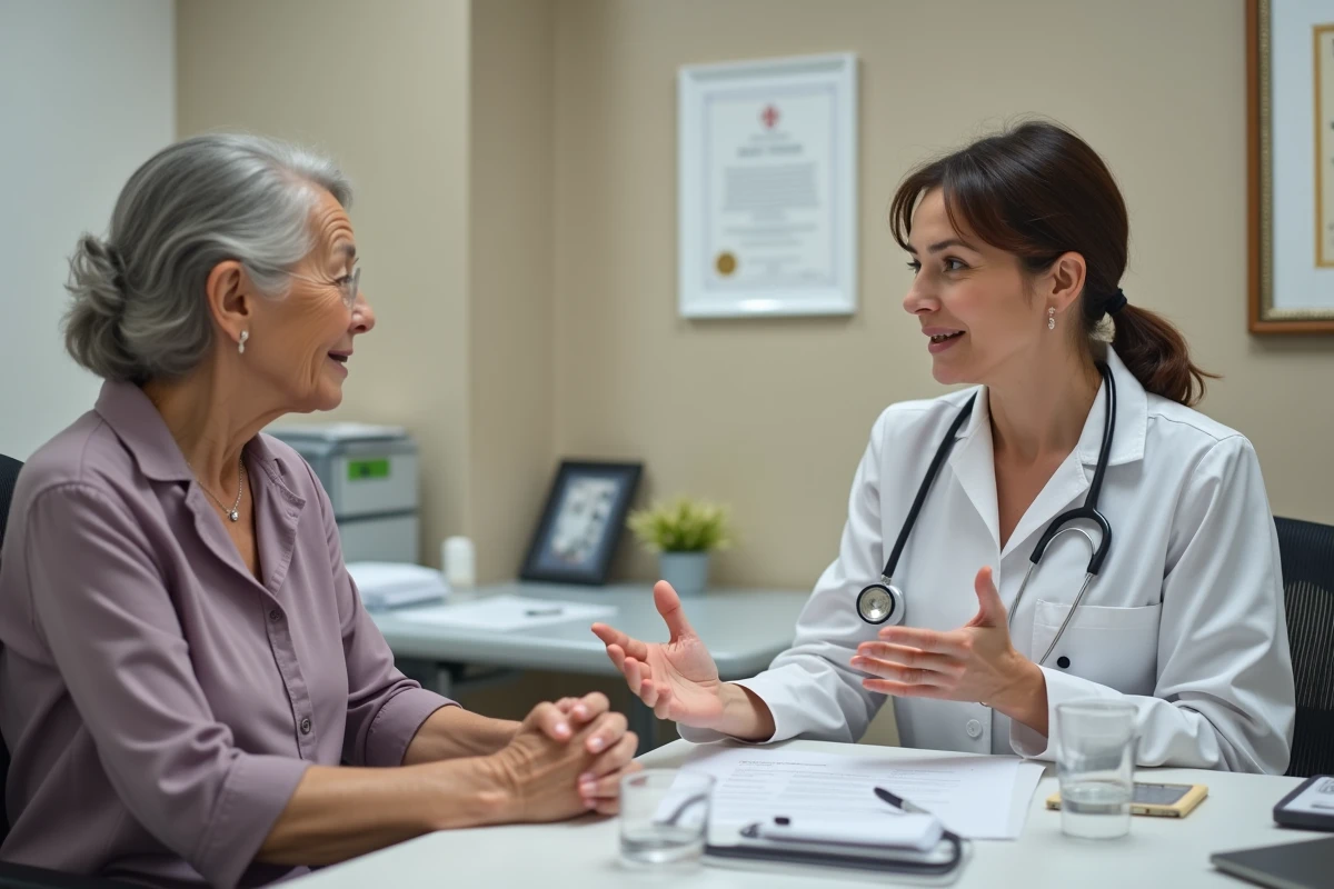 Médecin en consultation avec une patiente âgée pour évaluer les risques de chutes répétées et établir un plan de prévention