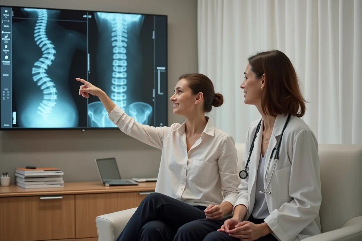 Patiente et médecin consultant des radiographies de la colonne vertébrale courbée lors d'un bilan orthopédique
