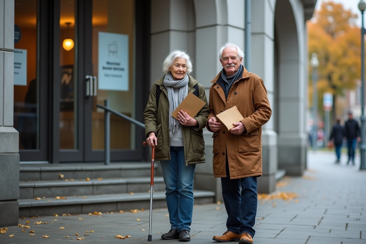 Un couple de personnes âgées devant un bureau d'aide sociale pour déposer une demande de prestation
