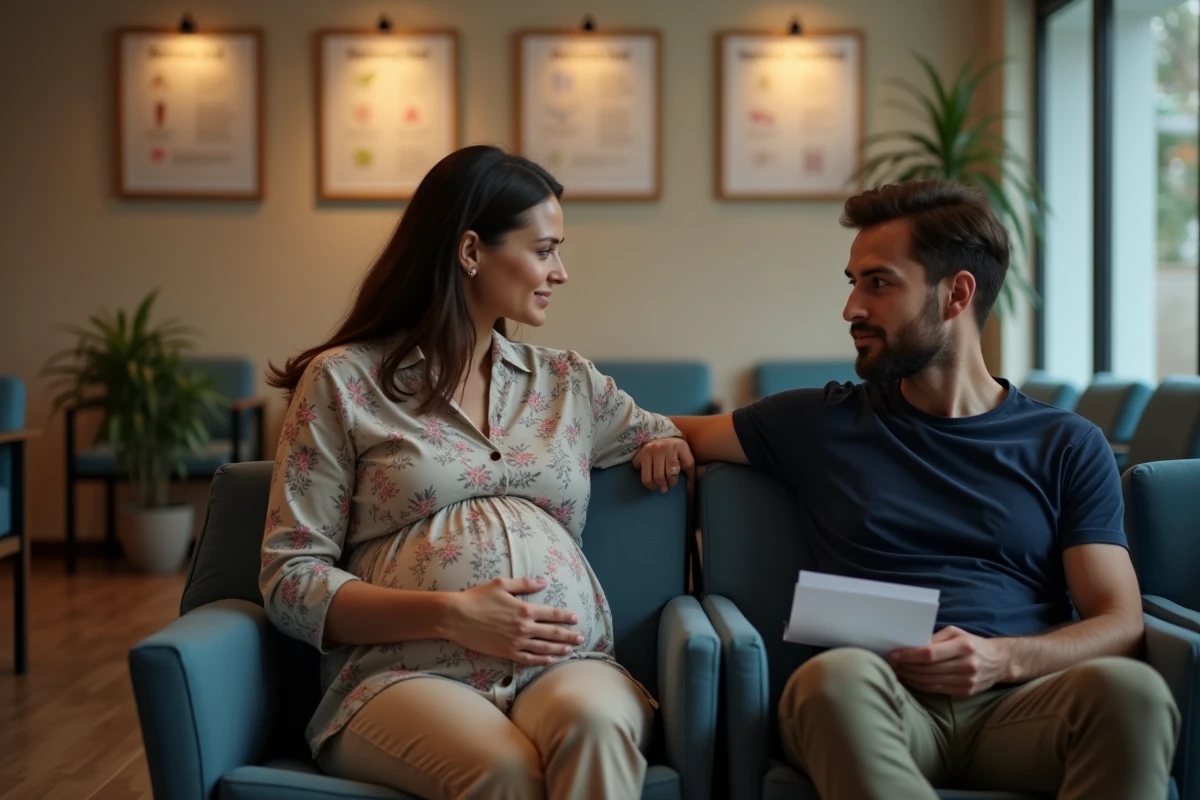 Couple attendant dans une salle d'attente d'une clinique prénatale avant une échographie pour confirmer une grossesse gémellaire
