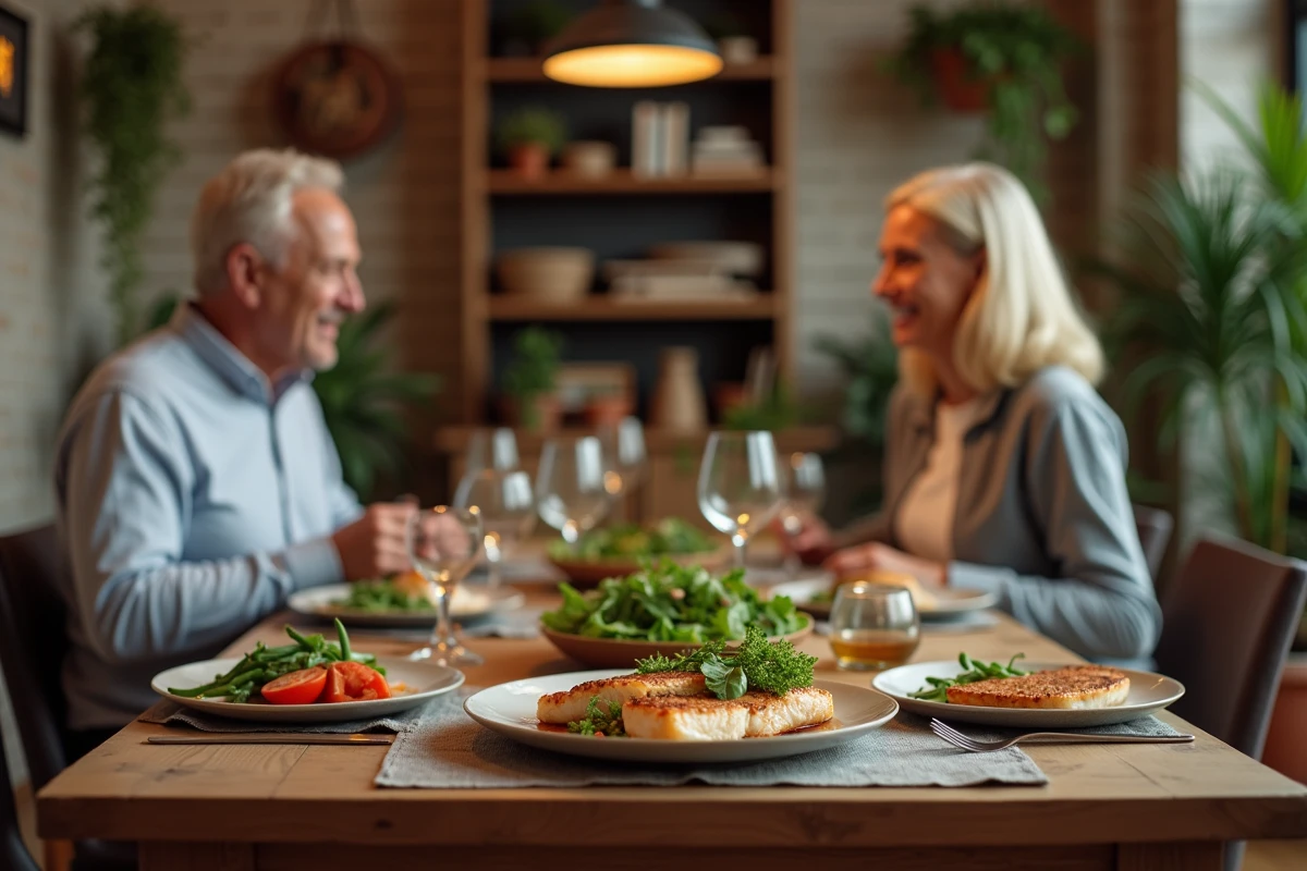 Couple partageant un dîner sain avec poisson grillé et légumes dans une salle à manger chaleureuse à la maison