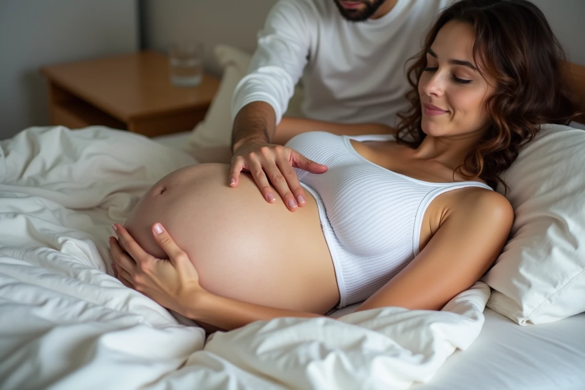 Couple attendant un bébé, le partenaire pose doucement la main sur le ventre de la femme enceinte allongée