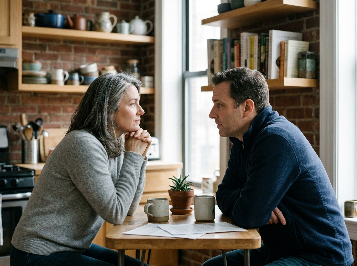 Couple de quadragénaires en discussion sincère autour d'une table de cuisine, évoquant un bilan de couple et une remise en question de mi-vie