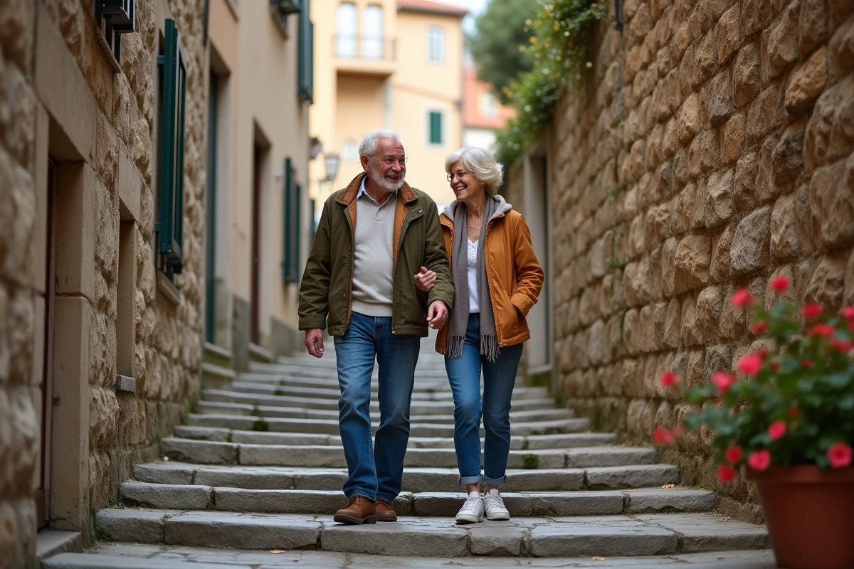 Couple de seniors montant des escaliers en pierre dans une vieille ville européenne pour rester actifs