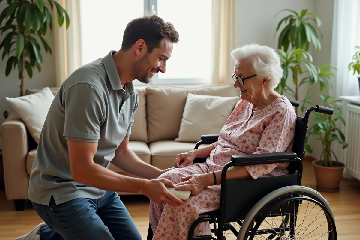 Aidant plaçant un coussin de protection sous le talon d'une personne âgée en fauteuil roulant