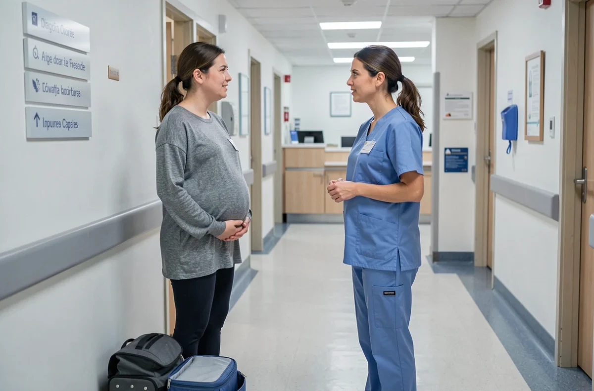 Femme enceinte avec sac de maternité discutant avec une sage-femme dans le couloir d'une maternité moderne