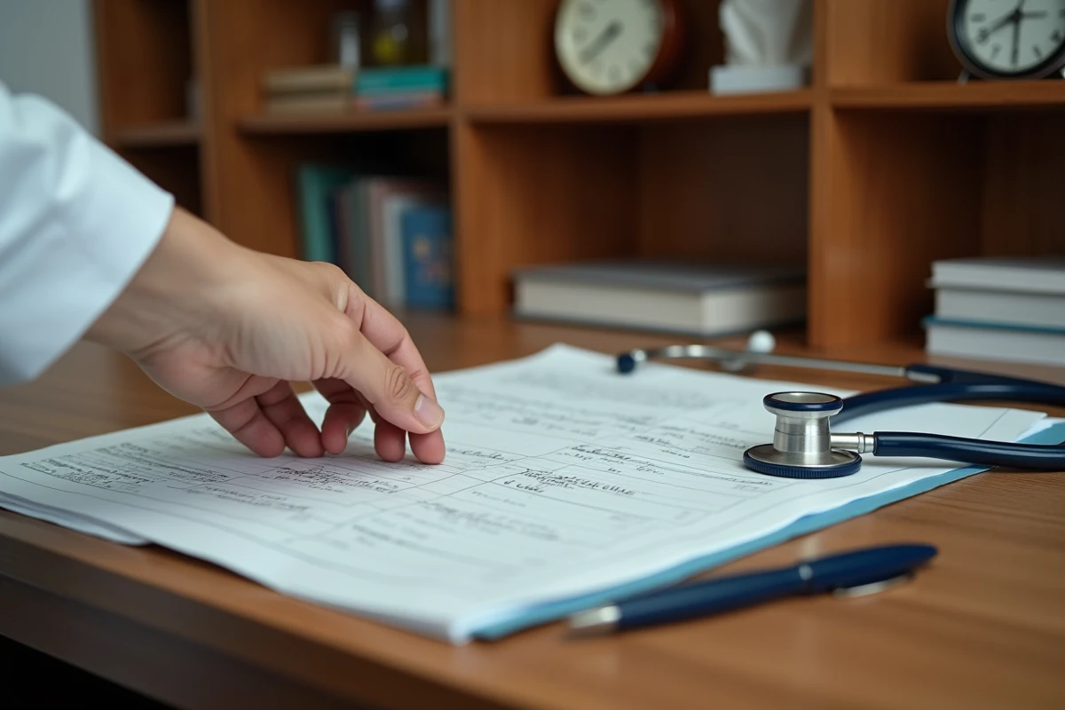 Dossier médical d'un patient posé sur le bureau d'un médecin généraliste avec un stéthoscope, évoquant une décision administrative