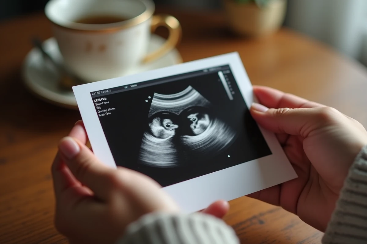 Gros plan sur une échographie imprimée montrant deux profils fœtaux, tenue entre les mains d'une femme enceinte