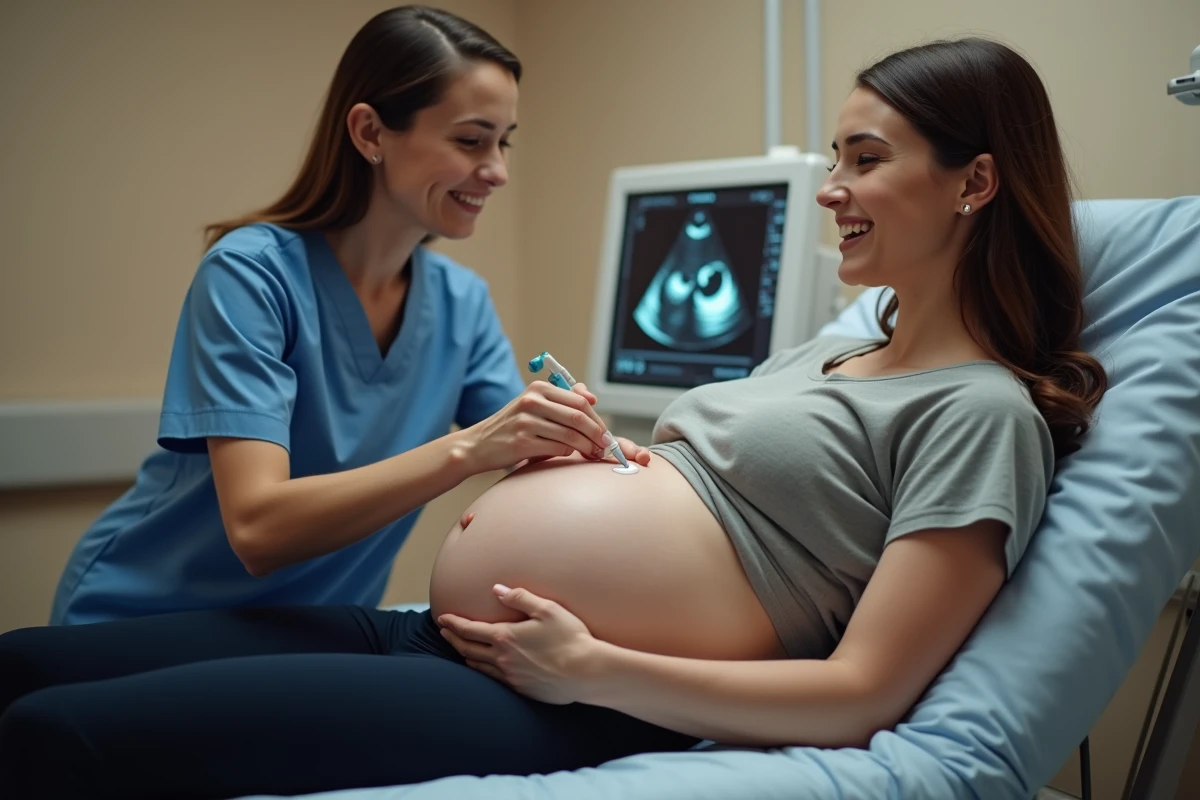 Femme enceinte allongée lors d'une échographie pour détecter des jumeaux, avec une technicienne tenant une sonde sur le ventre arrondi