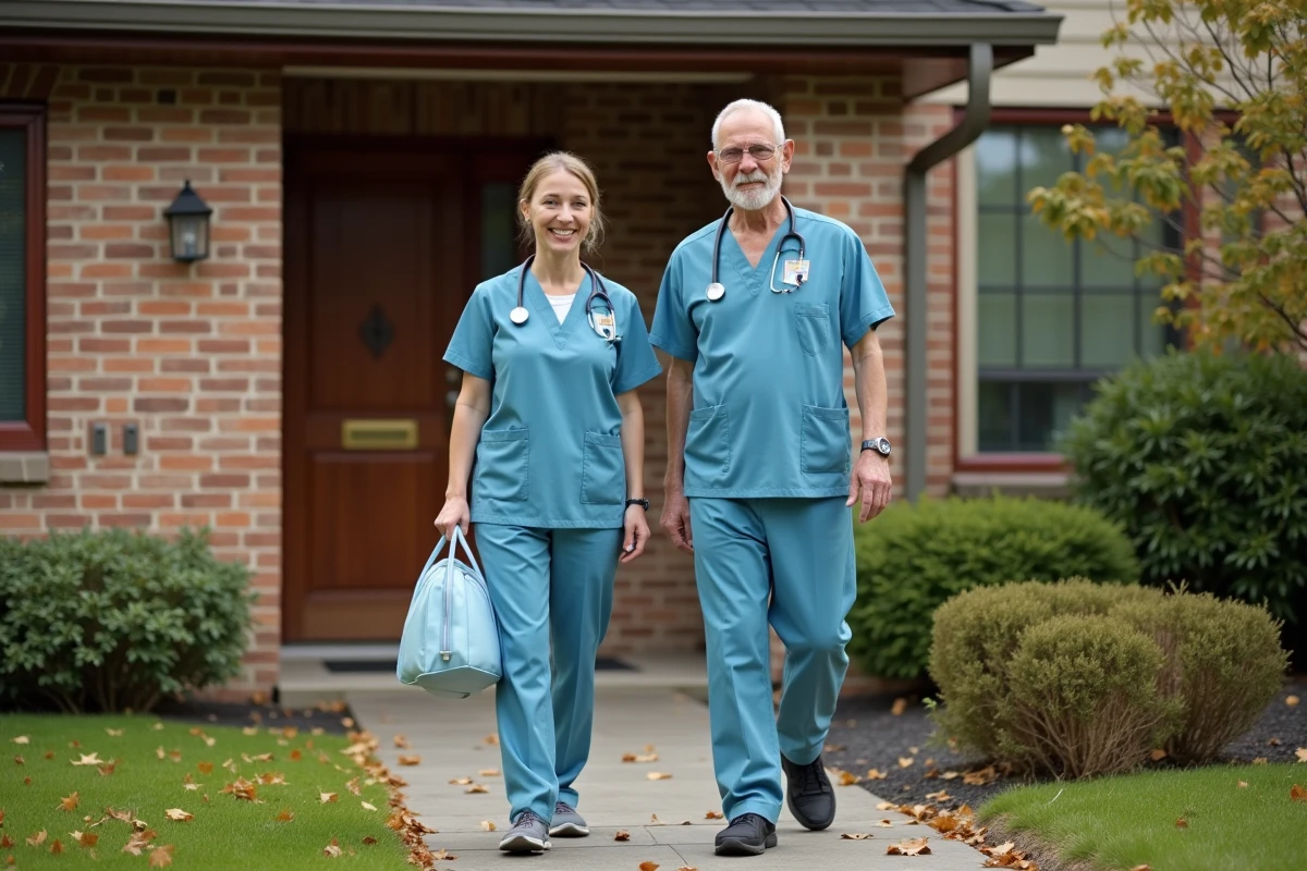 Équipe de soins palliatifs à domicile devant une maison résidentielle en milieu suburbain, représentant l'HAD et les structures mobiles