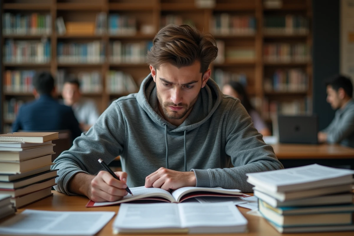 Étudiant en psychologie frustré face aux limites du DSM-5 dans une bibliothèque universitaire