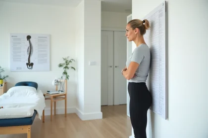 Femme en consultation de kinésithérapie pour évaluation de la courbure de la colonne vertébrale