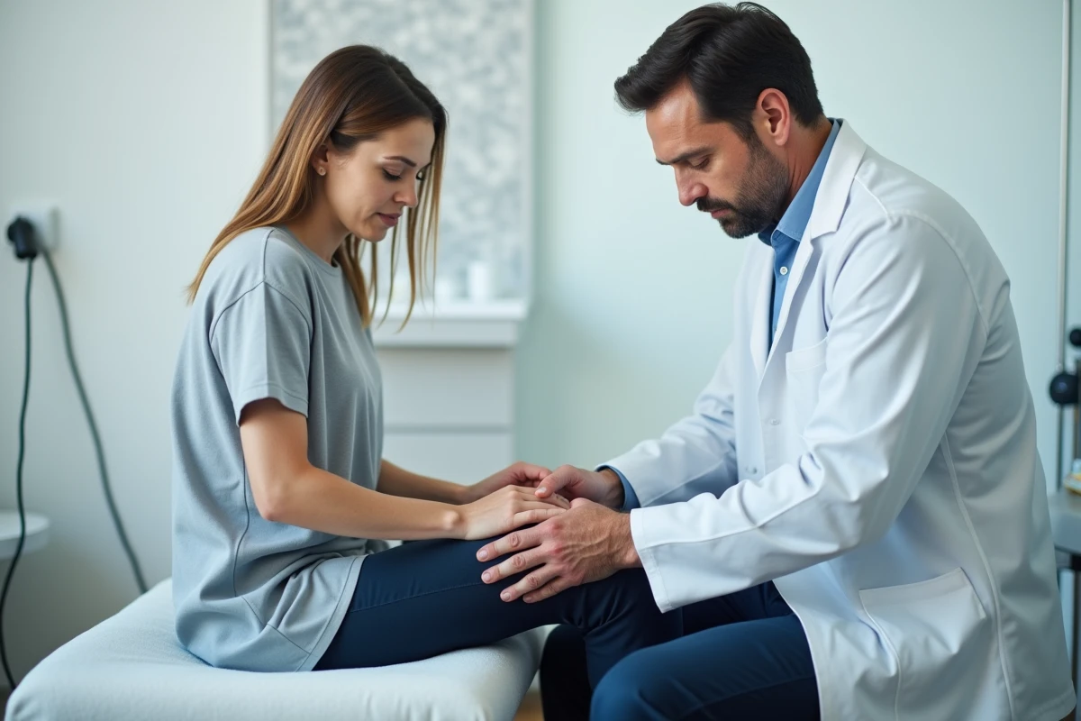 Physiothérapeute examinant une ancienne cicatrice sur le genou d'un patient dans un cabinet médical moderne