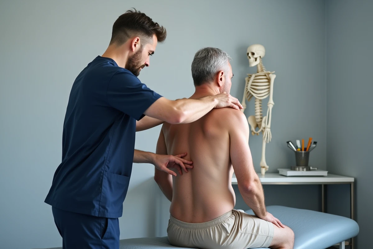 Kinésithérapeute examinant la colonne vertébrale courbée d'un patient adulte en cabinet médical