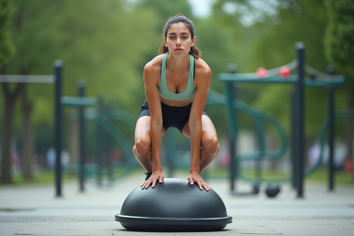 Jeune femme réalisant un exercice d'équilibre sur un bosu ball dans un espace fitness en plein air