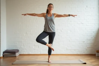 Femme pratiquant un exercice d'équilibre sur un pied sur un tapis de yoga en bois dans un studio à domicile