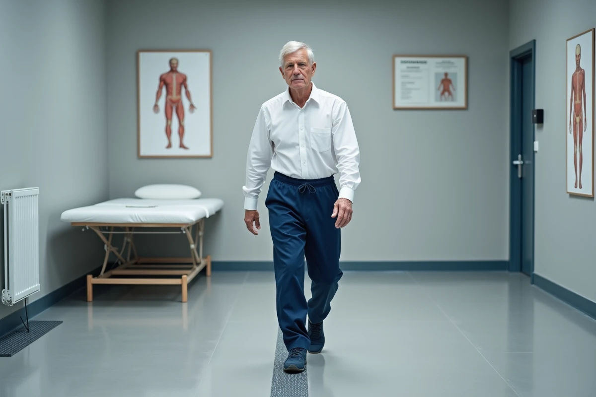 Homme âgé effectuant un exercice de marche talon-pointe en rééducation dans une salle de kinésithérapie
