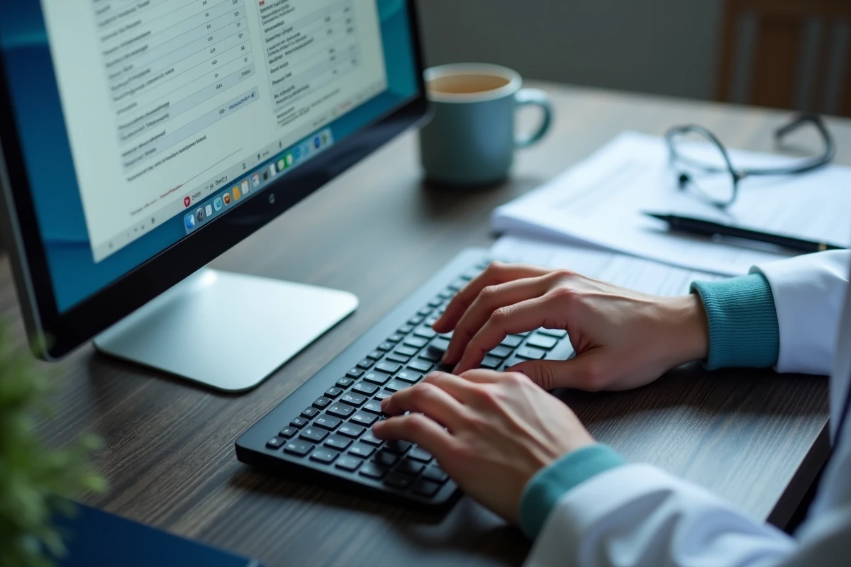 Facturation d'une téléconsultation médicale sur un logiciel de gestion avec carte vitale et ordonnance sur le bureau